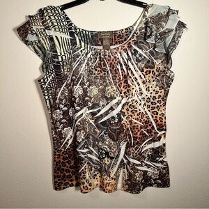 Jane Ashley Brown Black Green Animal Graphic Ruffled Blouse